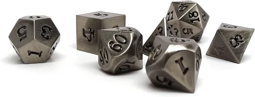 Juego de dados de metal legendario de 7 piezas, diseños de bronce, oro, plata y cobre con fuente de firma (plata legendaria)
