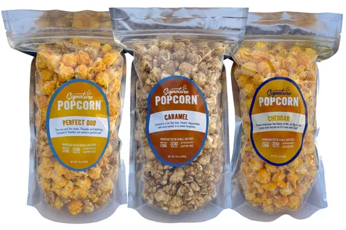 Signature Popcorn Paquete de 3 variedades gourmet – Caramelo, Cheddar y Perfect Duo (mezcla de caramelo y cheddar) – Bolsas resellables – Hecho a