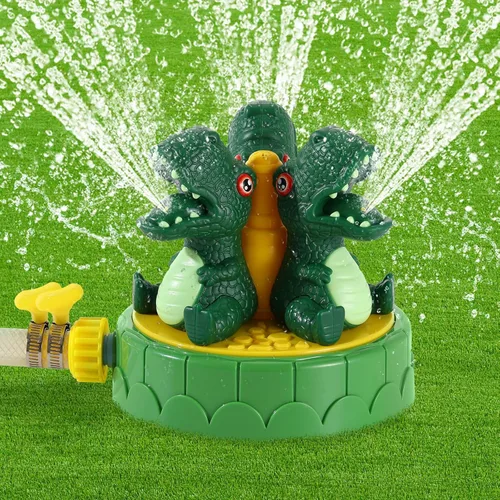 MoKo Aspersor de dinosaurio para niños, bonito juguete de agua para exteriores, juguete de piscina con 2 abrazaderas de manguera, 3 boquillas,