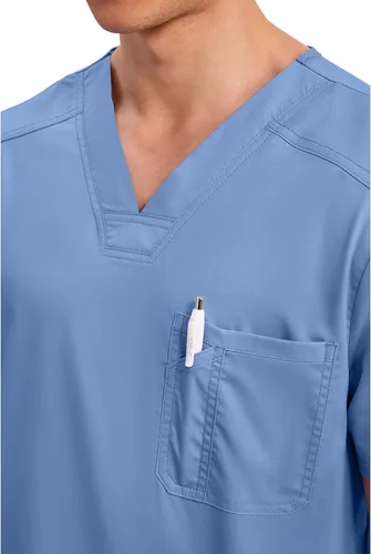 Miniatura 2 de Cherokee Camisa quirúrgica para hombre con cuello en V para meter dentro, un bolsillo en el pecho, ranura para bolígrafo, tela ultra suave