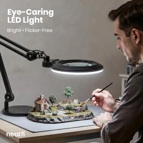 Miniatura 4 de Neatfi XL lupa LED bifocal, lente acrílica de 7 pulgadas, aumento 5D/20D, manos libres, luz regulable, 84 SMD LED, brazo ajustable