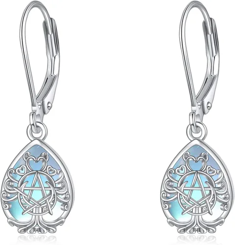 Miniatura 8 de YFN Aretes de plata de ley con triple luna y pentagrama de pentáculo, amuleto mágico de Wicca pagana, joyería de árbol de la vida para mujer