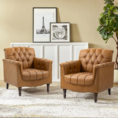 Miniatura 12 de Pia Ricco Silla decorativa moderna copetuda, sillón individual de piel sintética con ribete de cabeza de clavo y patas de madera, cómodo asiento