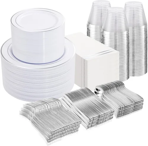 Miniatura 8 de NOCCUR 700 platos de plástico dorados, juego de vajilla desechable dorada para 100 personas, incluye 200 platos de cena/postre, 300 cubiertos, 100
