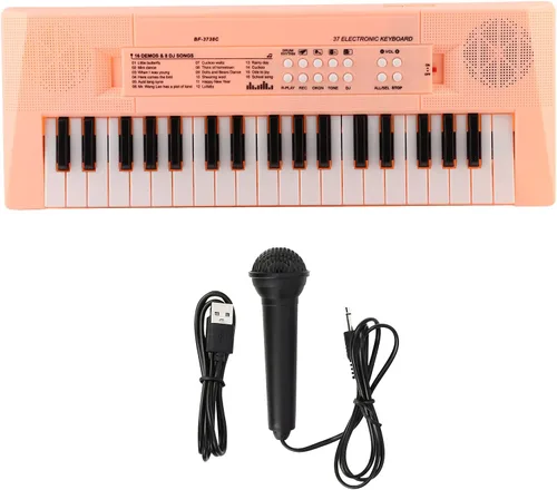 Piano eléctrico de 37 teclas Teclado para principiantes con micrófono Carga USB de doble potencia o baterías Rosado