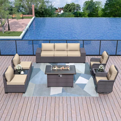 Miniatura 20 de Kurapika juego de muebles de patio 4 piezas de mimbre al aire libre, sillas de ratán, juego informal con mesa de café, juego de bistró con mecedora