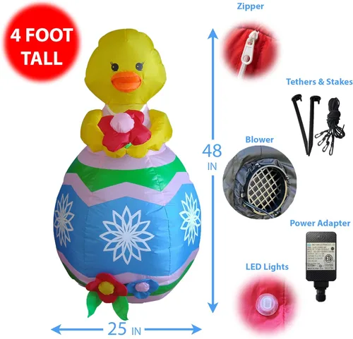Miniatura 2 de Pollito amarillo inflable de Pascua de 4 pies de alto con flor roja y huevo azul, luces LED preiluminadas, para exteriores, interiores, vacaciones