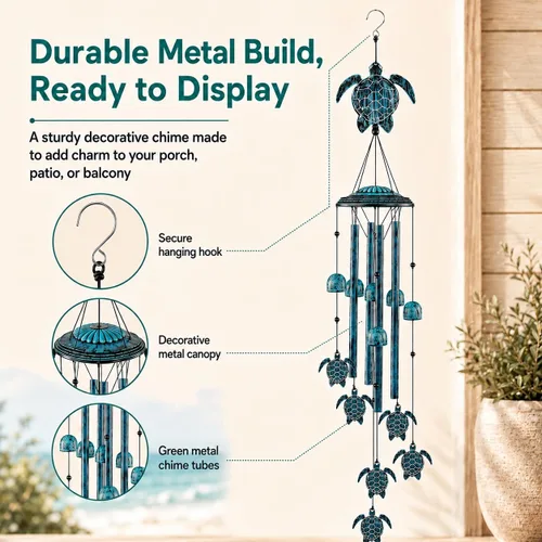 Miniatura 5 de LESES Campanillas de viento de tortuga marina para exteriores con 4 tubos de aluminio, campanillas de viento para exteriores, decoración de hogar