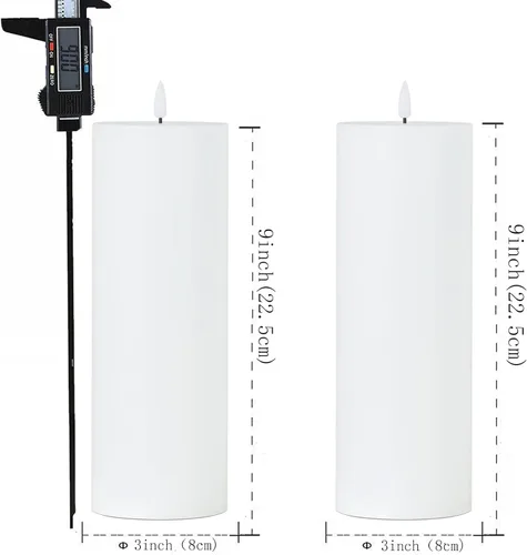 Miniatura 6 de volnyus Juego de 2 velas blancas sin llama (3 x 9 pulgadas), velas LED parpadeantes de cera que funcionan con baterías con control remoto y Blanco