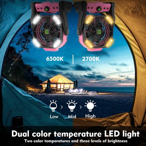 Miniatura 3 de RUNTOP Ventilador de 20000 mAh, funciona con pilas, ventilador de campamento de 2 aspas, ventiladores de escritorio recargables por USB con luz LED