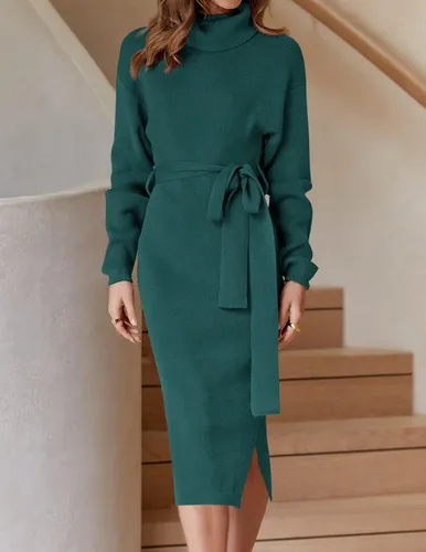 Miniatura 39 de ZESICA - Vestido por debajo de la rodilla de suéter, de cuello alto, para mujer, de manga larga, de punto acanalado, con abertura y cinturón