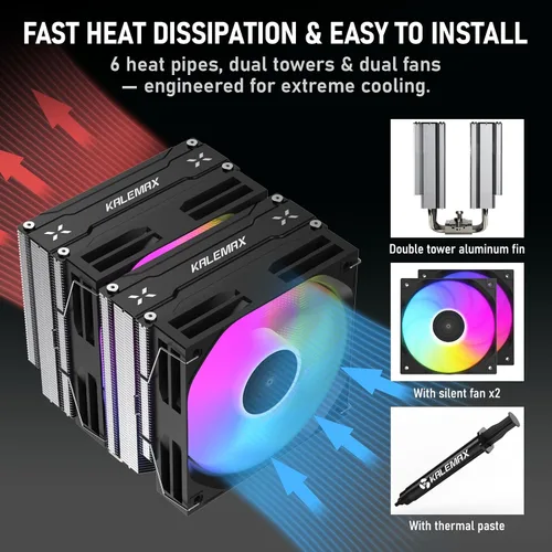 Miniatura 3 de Enfriador de CPU de doble torre, 6×6 mm de tubos de calor, ventiladores ARGB PWM duales de 120 mm, velocidad de 2000 RPM, para AMD AM4/AM5; Intel