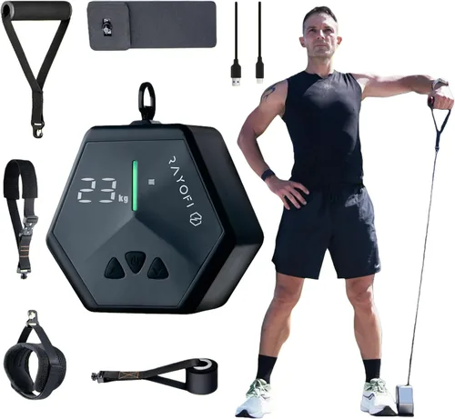 Rayofi Go-Tone - Máquina de gimnasio portátil, pantalla LCD inteligente, 1.5 lbs, resistencia ajustable de 3 a 66.1 lbs, recargable por USB-C