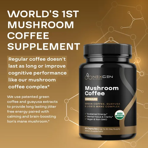 Miniatura 3 de Cápsulas de café de hongos 100% orgánicos, suplemento energético natural con 130 mg de cafeína de extracto de café verde y guayusa patentados