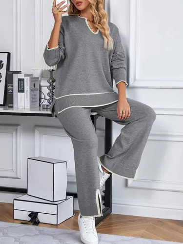 Miniatura 9 de SuperPrity Conjunto de 2 piezas de suéter para mujer, con cuello de muesca, manga larga, suéter de punto y pierna ancha