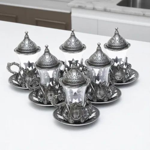 Miniatura 4 de Alisveristime Juego de 6 vasos de té turco hechos a mano Zamzam para servir vasos platillo y cuchara (negro)
