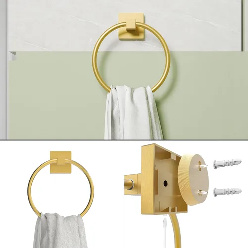 Miniatura 5 de Ruacq Soporte de papel higiénico de oro cepillado con anillo para toalla, accesorios de baño, juego de herrajes, doble poste pivotante, soporte