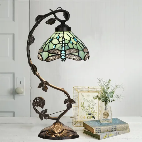 Miniatura 6 de TL0024 Lámpara estilo Tiffany azul mar con libélula, pantalla de vidrio emplomado y base de lámpara de mesa con diseño de vid para dormitorio, sala