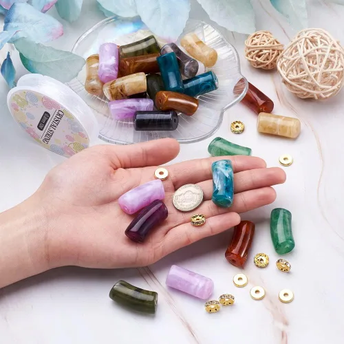 Miniatura 4 de 40 cuentas de tubo de imitación de piedras preciosas acrílicas, coloridas cuentas curvas acrílicas opacas gruesas con cuentas de disco espaciador