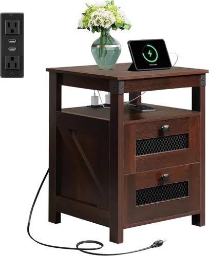 Miniatura 13 de WLIVE Juego de 2 mesitas de noche con estación de carga, juegos de mesa de noche de madera con 2 cajones y estante abierto, mesas auxiliares de cama
