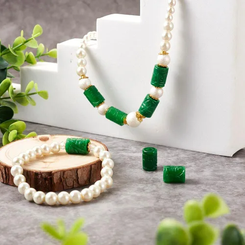 Miniatura 2 de Fashewelry 10 cuentas de piedra de jade natural de Myanmar con agujero grande, grabado en columna, cuentas europeas con forma de tubo, gemas Columna