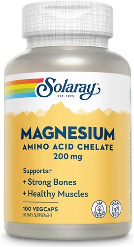 Solaray Quelato de Magnesio con Aminoácidos 200 mg, Suplemento de Magnesio Quelado para la Salud Ósea, Salud del Corazón y Apoyo a la Función