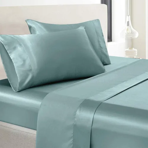 Juego de 7 sábanas de edredón de satén de seda 100% pura, sábana bajera de bolsillo profundo y sábana encimera con fundas de almohada, sin arrugas,
