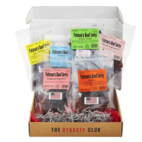 Jerky Dynasty Fatman's Beef Jerky - Paquete variado de 6 sabores que incluyen habanero picante, chile verde y cebolla de ajo salada, paquete variado