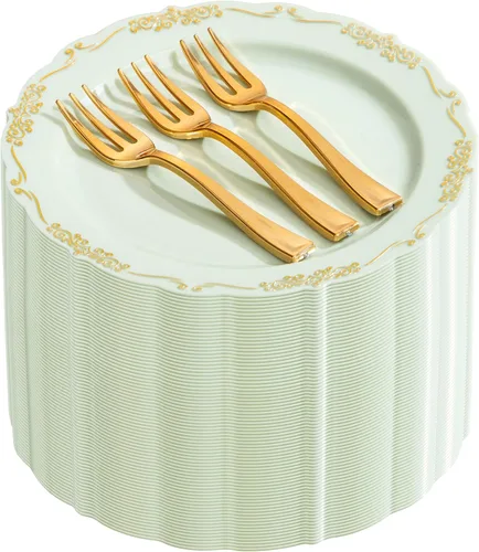 Miniatura 10 de LIYH - 200 platos de postre dorados, 100 platos de aperitivo de 7.5 pulgadas y 100 tenedores de plástico dorados de 5 pulgadas, platos para Oro