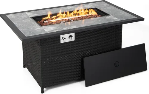 Miniatura 9 de COSTWAY Mesa de fuego de propano para patio de 52 pulgadas, mesa de fuego para exteriores de 50,000 BTU, encendido por pulso, mesa de mármol y ratán