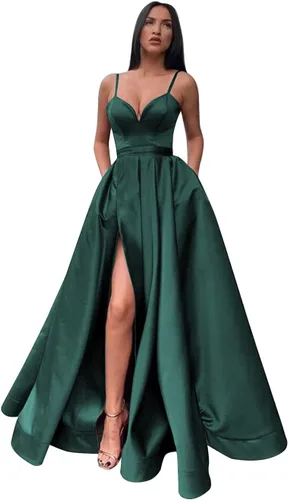 Xjizu Vestido de fiesta de satén con tirantes delgados para mujer, vestidos largos de fiesta de noche con bolsillos