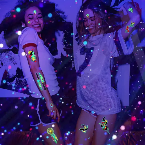 Miniatura 7 de Tatuajes que brillan en la oscuridad, 12 hojas de tatuajes de neón, tatuajes falsos, accesorio para festivales rave, tatuaje temporal para mujeres