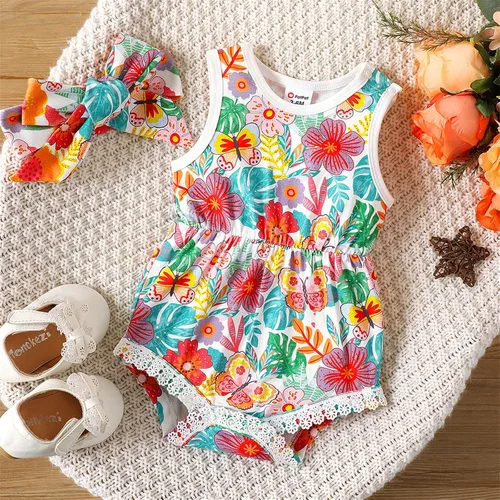 Miniatura 6 de PATPAT Mameluco floral sin mangas con borlas y pompón para bebé, conjunto con diadema de 0 a 18 meses