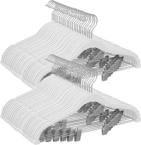 Miniatura 12 de SONGMICS Paquete de 20 perchas para pantalones, perchas de terciopelo de 16.7 pulgadas de largo con clips ajustables, perchas resistentes