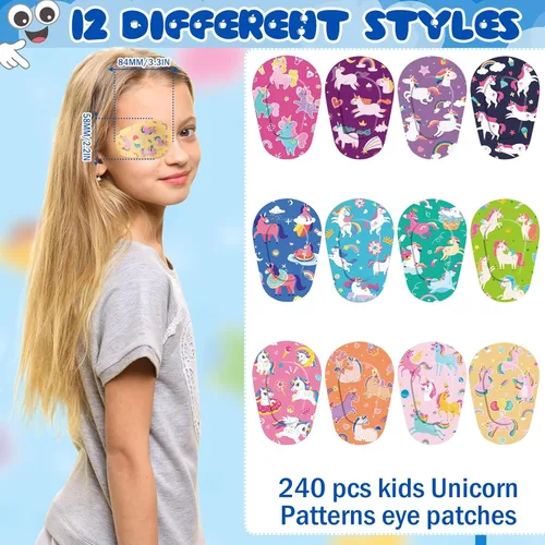 Miniatura 2 de Panelee 60 parches adhesivos para ojos para niños y niñas, patrones de unicornio, parches para ojos de niños pequeños, material transpirable a