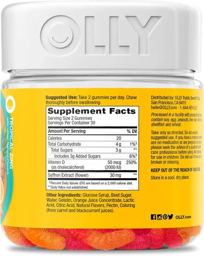 Miniatura 9 de OLLY Hello Happy Gummy Worms, apoyo para el equilibrio del estado de ánimo, vitamina D, azafrán, suplemento masticable para adultos, zing tropical