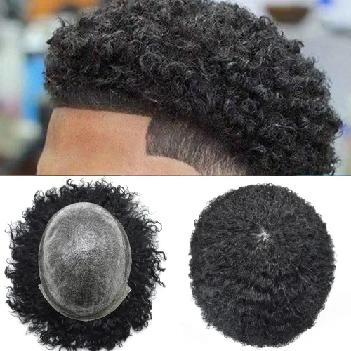 Miniatura 8 de Tupé rizado afro para hombres negros, tejido de pelo rizado para hombres, 8 x 10 pulgadas, pelo rizado de poliuretano completo, pieza de pelo rizado