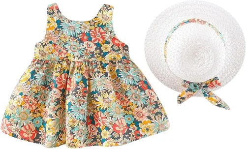 Miniatura 2 de IBAKOM Vestido de verano sin mangas con flores para bebé, vestido hawaiano de fiesta, vestido de princesa bohemio con sombrero de paja