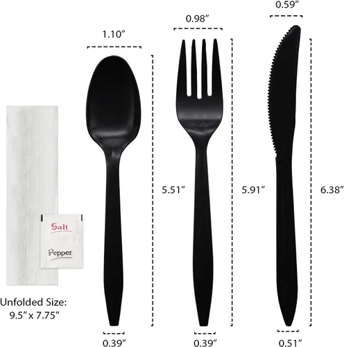 Miniatura 2 de Party Essentials Paquetes de cubiertos de plástico envueltos individualmente, tenedor/cuchara/cuchillo/servilleta/sal/pimienta, 50