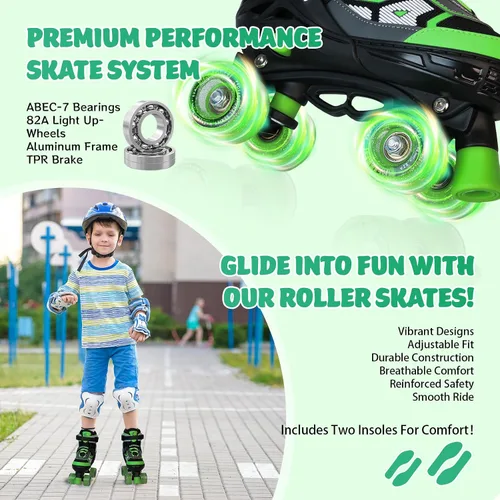 Miniatura 6 de Patines de ruedas para niños y niñas, patines cuádruples ajustables de 4 tallas con todas las ruedas iluminadas para principiantes, deportes de Verde