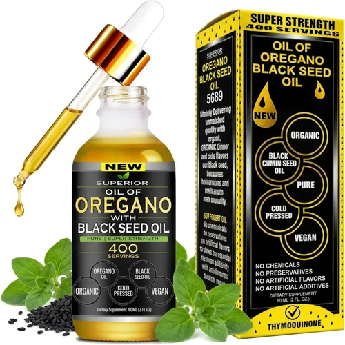 Aceite de orégano con aceite de semilla negra – 400 porciones, aceite de orégano orgánico silvestre 2 en 1 con aceite de semilla negra para apoyo