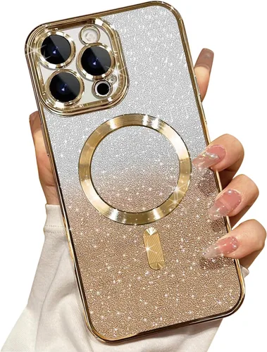 Miniatura 50 de Misscase Funda magnética compatible con iPhone 14 con purpurina y protector de lente de cámara, protección completa, compatible con MagSafe