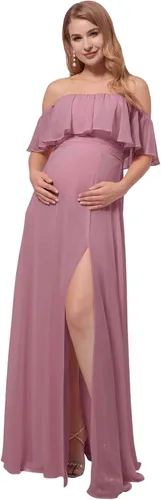 Ever-Pretty Vestido de fiesta de embarazo con hombros descubiertos y abertura lateral de gasa larga con volantes para mujer, vestidos de fotografía