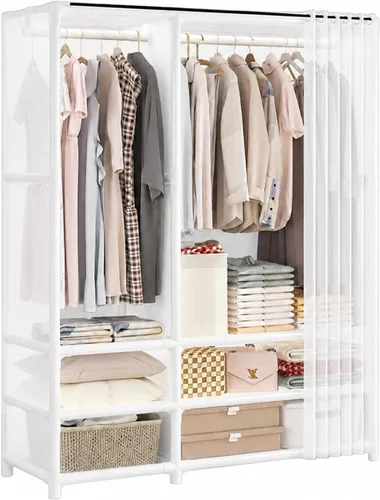Miniatura 16 de Armario portátil para colgar ropa, armario de estilo japonés, perchero con 1 varillas para colgar, 2 estantes de almacenamiento, 27.5 pulgadas
