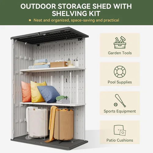Miniatura 2 de Aoxun Cobertizo de almacenamiento para exteriores de resina blanca con 2 estantes y piso, gabinete vertical impermeable de 64 pies cúbicos