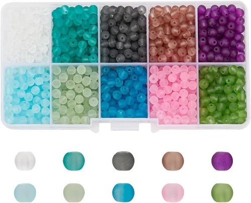 Pandahall, 1 caja (200 unidades aproximadamente) con variedad de abalorios redondos de 5 colores transparentes, de Lampwork craquelado para armar