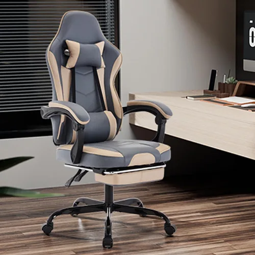 Miniatura 2 de Silla ergonómica de cuero para juegos con reposapiés, cómoda silla de juegos beige con cómodo reposacabezas y soporte lumbar para adultos, niños