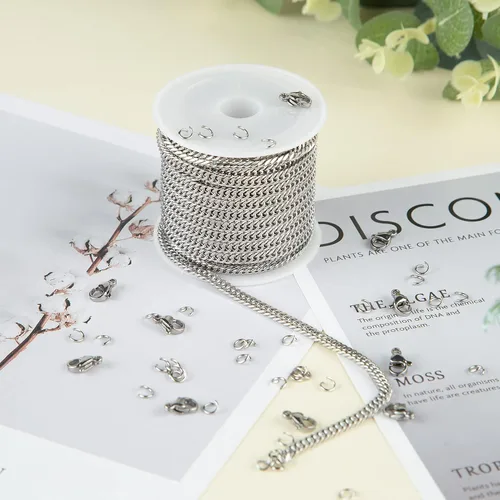 Miniatura 6 de YOUBEIYEE Cadena de plata a granel, suministros para hacer joyas, cadena de eslabones de acero inoxidable 304 para collar, pulsera, bricolaje