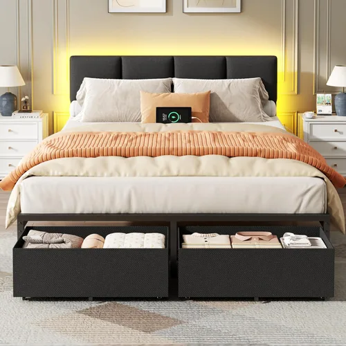 Miniatura 11 de Furnulem Marco de Cama Queen con Cabecera Ajustable, Cama Tapizada con 2 Cajones de Almacenamiento, Estación de Carga USB Integrada y Luces LED, Gris