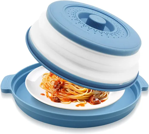 Miniatura 10 de Cubierta de alimentos para microondas con asa – Protector de salpicaduras de silicona plegable y ventilado con bandeja – Para microondas